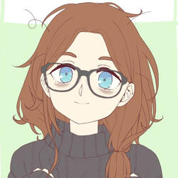 a bust, simple illustration of a smiling person with blue eyes and long dark hair tied in a ponytail. they are wearing glasses and a teal hoodie.